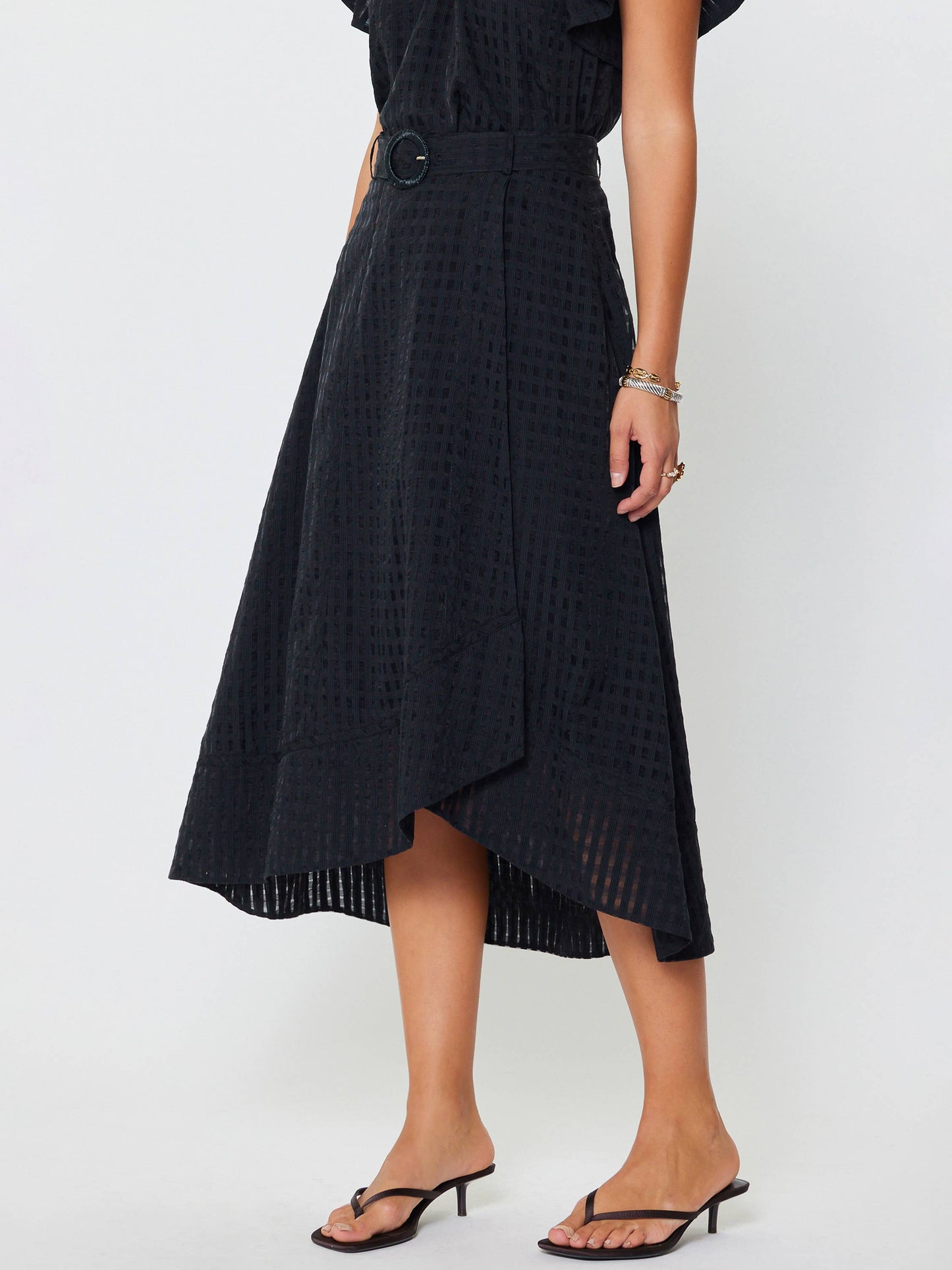 Gingham Asymmetric Belted Midi Skirt