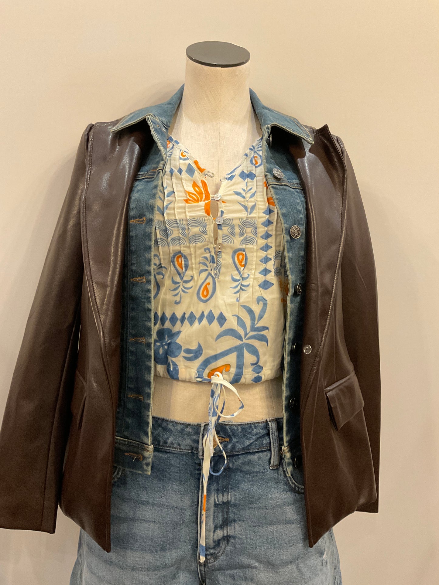 Leather Blazer with Detachable Denim