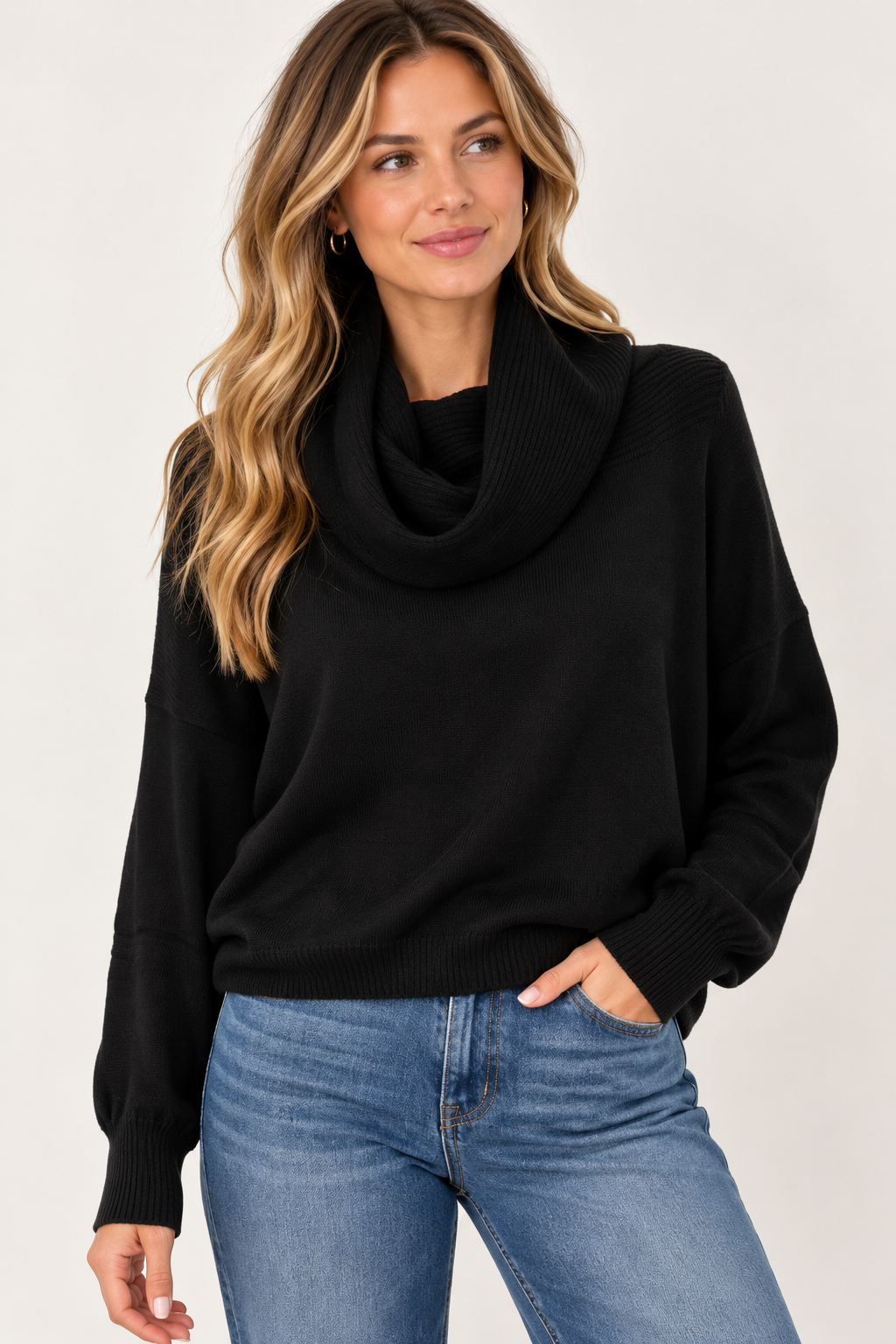 A woman wearing a black cowl neck knit sweater and blue jeans, standing against a plain light background.