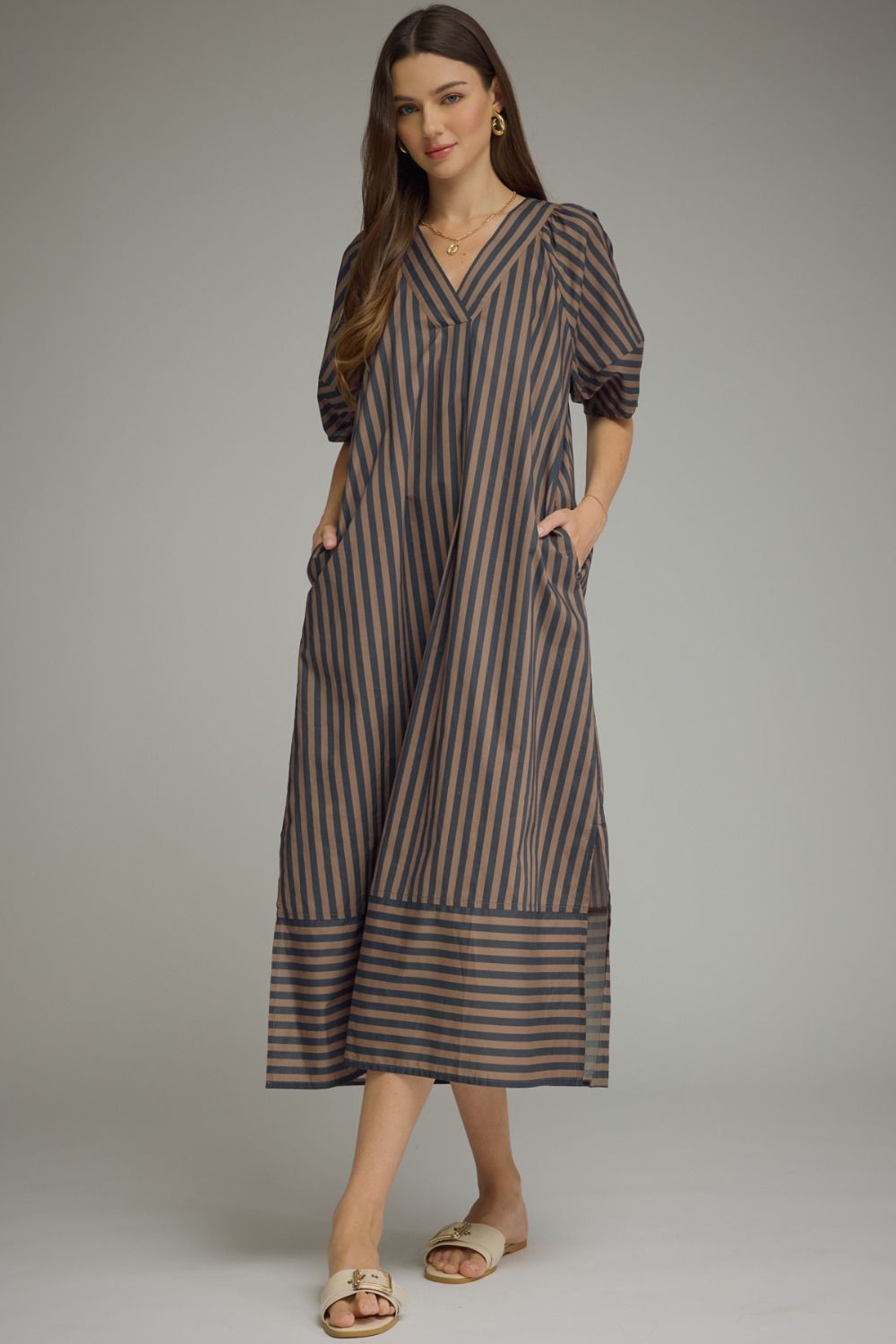 Navy and Brown Striped Dress