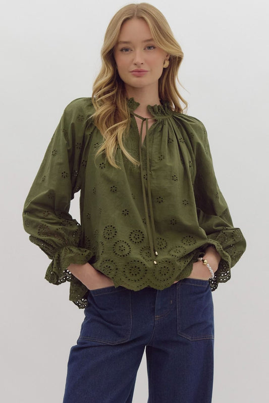 Olive Eyelet Long Sleeve