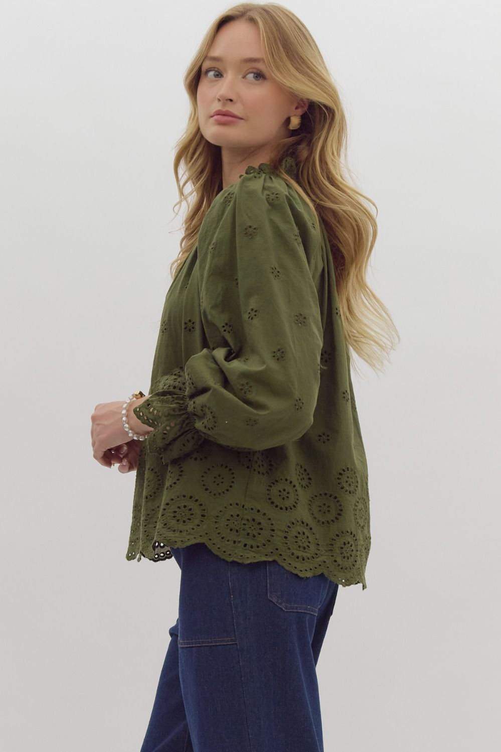 Olive Eyelet Long Sleeve